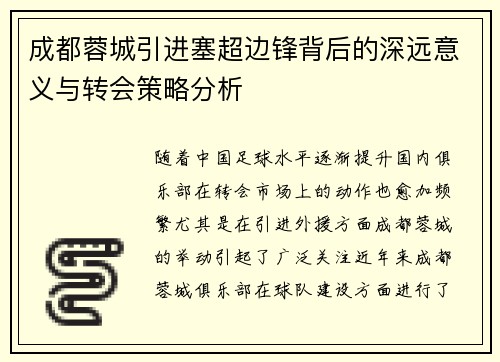 成都蓉城引进塞超边锋背后的深远意义与转会策略分析