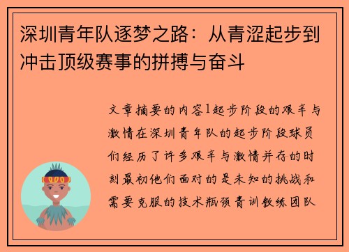 深圳青年队逐梦之路:从青涩起步到冲击顶级赛事的拼搏与奋斗 深圳青年队逐梦之路:从青涩起步到冲击顶级赛事的拼搏与奋斗