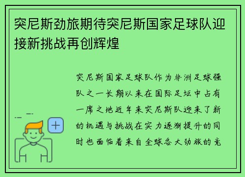 突尼斯劲旅期待突尼斯国家足球队迎接新挑战再创辉煌 突尼斯劲旅期待突尼斯国家足球队迎接新挑战再创辉煌