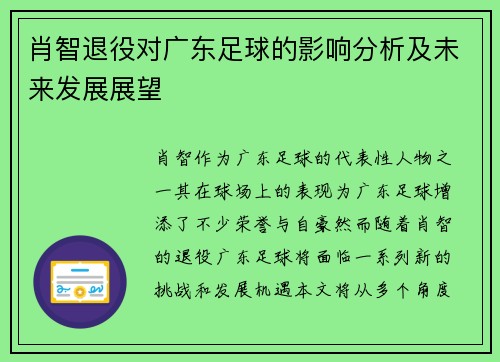 肖智退役对广东足球的影响分析及未来发展展望 肖智退役对广东足球的影响分析及未来发展展望