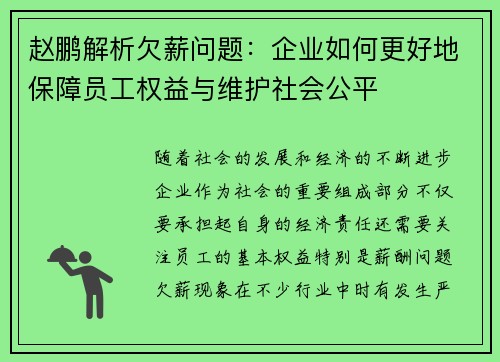 赵鹏解析欠薪问题:企业如何更好地保障员工权益与维护社会公平 赵鹏解析欠薪问题:企业如何更好地保障员工权益与维护社会公平