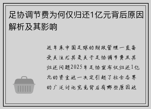 足协调节费为何仅归还1亿元背后原因解析及其影响 足协调节费为何仅归还1亿元背后原因解析及其影响